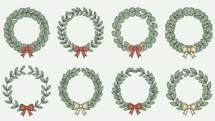 A collection of eight hand-drawn green laurel wreaths with red and yellow bows on a light background.