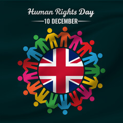 An illustration for Human Rights Day , featuring a diverse circle of colorful human silhouettes holding hands around a prominent UK Union Jack flag, symbolizing British values of equality and unity.