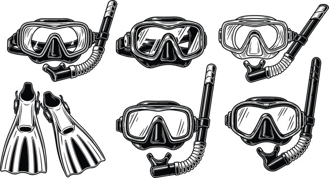 Vintage Engraving Style Vector Illustration Set of Snorkeling and Scuba Diving Equipment Including Dive Mask Snorkel Tube and Flippers Fins