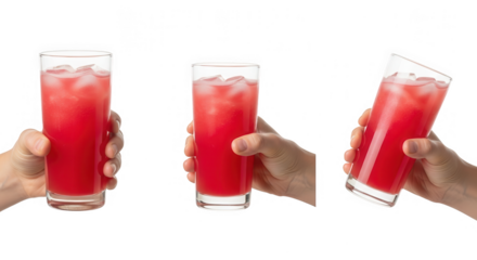 Three hands holding tall glasses filled with a vibrant red iced beverage isolated on transparent background