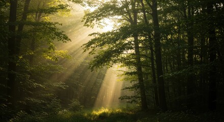 Obraz premium Brilliant sunbeams illuminate a dense, verdant woodland path during early morning hours.