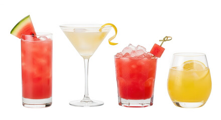 Four assorted colorful summer cocktails with fruit garnish isolated on transparent background