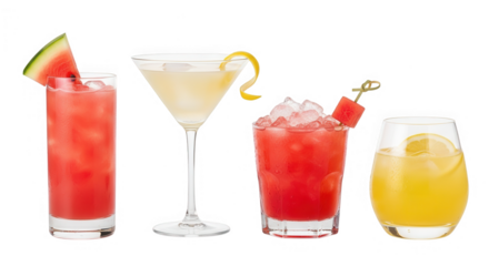 Four assorted colorful summer cocktails with fruit garnish isolated on transparent background