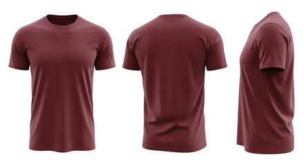 Maroon short sleeve crew neck tshirt mockup shown from front, back, and side views isolated on transparent background