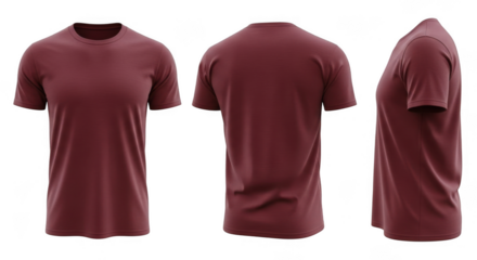 Maroon short sleeve crew neck tshirt mockup shown from front, back, and side views isolated on transparent background
