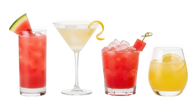 Four assorted colorful summer cocktails with fruit garnish isolated on transparent background