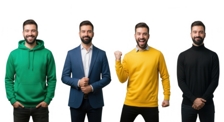 Four men in different casual and business attire standing together isolated on transparent background