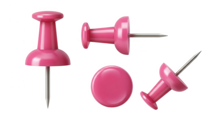Multiple views of bright pink plastic push pins isolated on transparent background