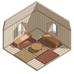Isometric Illustration of a Cozy Rustic Room with Wooden Furnishings