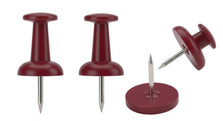 Three maroon push pins shown from different angles isolated on transparent background