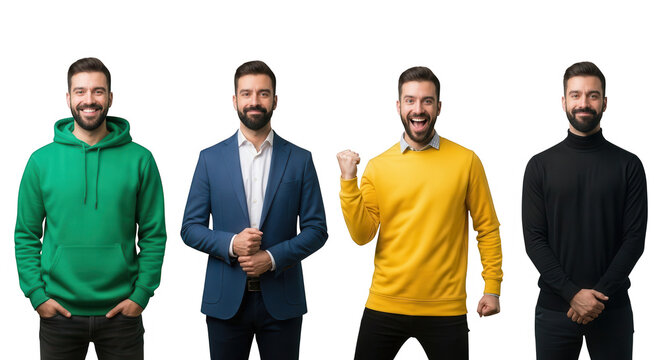 Four men in different casual and business attire standing together isolated on transparent background