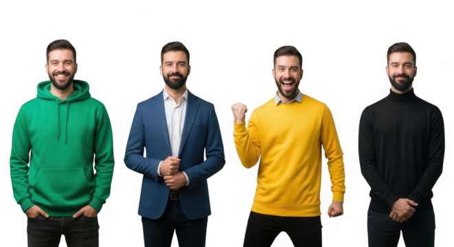 Four men in different casual and business attire standing together isolated on transparent background