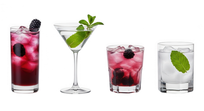 Four different refreshing cocktail drinks with berries and mint isolated on transparent background - Powered by Adobe