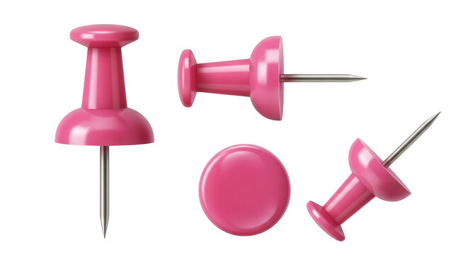 Multiple views of bright pink plastic push pins isolated on transparent background