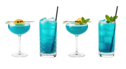 Four different blue cocktails served in various glassware isolated on transparent background