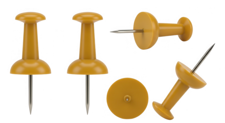Collection of yellow push pins shown from various angles isolated on transparent background
