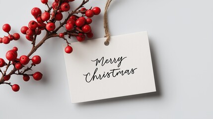 Christmas card mockup with text merry christmas on white background featuring red berries hanging from corner of paper in minimalistic design