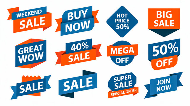 Collection of blue and orange sale offer discount label set.
