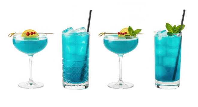 Four different blue cocktails served in various glassware isolated on transparent background