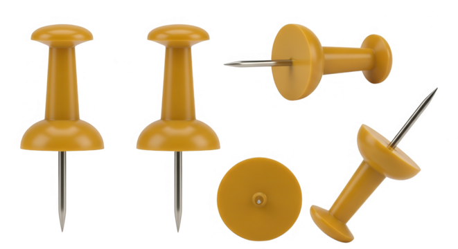 Collection of yellow push pins shown from various angles isolated on transparent background