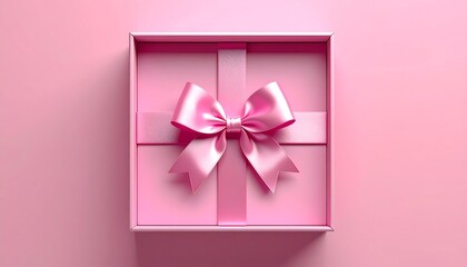 Empty pink gift box with a silk bow, top view, softly lit on a pink background