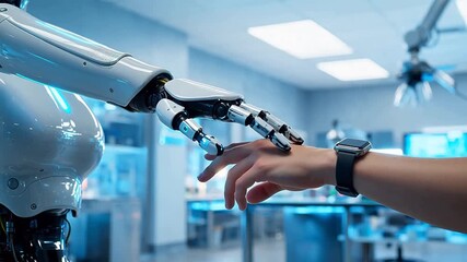 Robot hand touching human wrist with smartwatch - Powered by Adobe