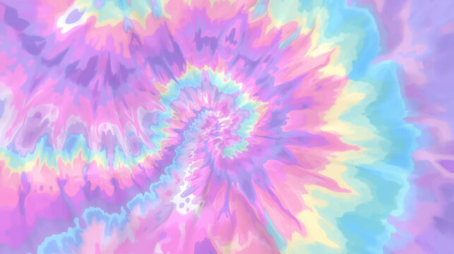Vibrant pastel tie-dye swirl background. Colorful abstract art pattern featuring soft pink, purple, blue, yellow hues. Modern psychedelic design for creative projects, textile, web.