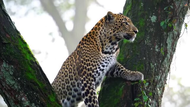 A leopard sits on a tree limb covered in green moss, surveying the surroundings