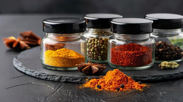 Various spices are displayed in clear jars, showcasing colorful powders and seeds alongside aromatic herbs, creating a culinary delight