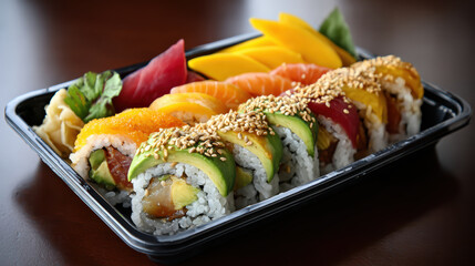 Appetizing and vibrant sushi roll dish. fresh japanese food meal with colorful maki, avocado, fish, and mango perfect for takeout lunch