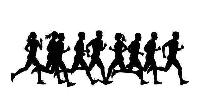 Group of diverse runners in silhouette running a race together.