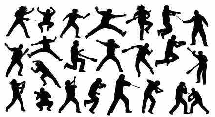 Silhouettes of people in various action poses, dynamic and energetic.