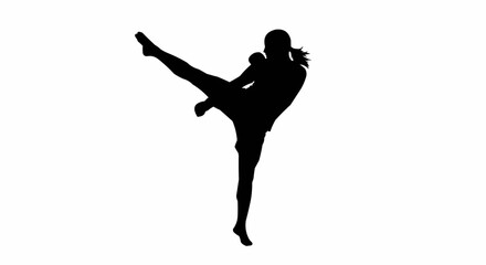 Dynamic Silhouette of Female Martial Artist Delivering a Powerful Kick.