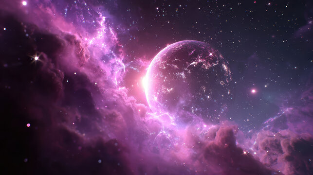 Majestic glowing planet in serene purple nebula in deep space. Cosmic fantasy world in far universe, beautiful celestial star filled sky wonder