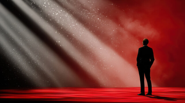 Mysterious man silhouette in suit standing alone on red carpet stage, looking toward dramatic spotlight with sense of hope