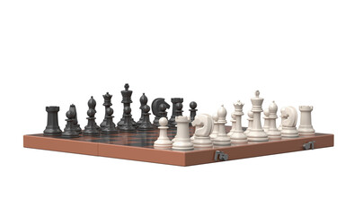 Wooden chessboard with metallic clasps and full piece setup in starting positions. Classic configuration evokes strategic readiness, symmetry, and timeless elegance of intellectual gameplay.