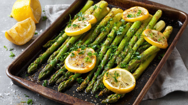 Delicious healthy grilled asparagus food with roasted lemon slice. fresh green vegetable dish perfect for gourmet vegetarian meal or side dish - Powered by Adobe