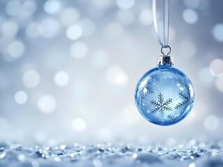 A delicate ice-blue Christmas ornament dangles from silver ribbon against luminous white bokeh providing tranquil serene elegant festive atmosphere