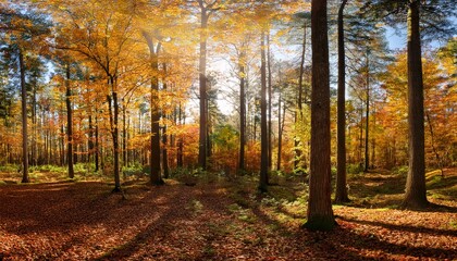 Fototapeta premium Panoramic Sunny Forest In Autumn
