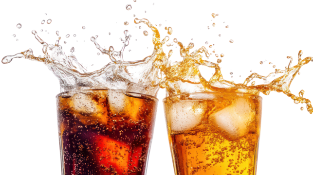 Two glasses of fizzy drinks splashing with ice cubes isolated on transparent background
