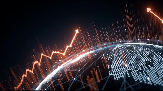 Global economic growth visualization: A striking visualization of global economic progress, with the Earth overlaid by glowing data, lines representing the upward trajectory of financial trends