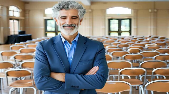 Professional poised in a suit stands in an empty auditorium, preparing to address an audience in an upcoming presentation event