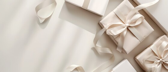 Elegant minimal background with beige and white gift boxes tied with satin ribbons. Soft daylight and gentle shadows create a luxury aesthetic for branding, wedding, or lifestyle design.