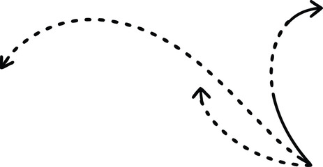 Hand drawn curve dotted line arrow set. curved pointers sign. Sketch curved dashed arrows. signpost showing a confusing complex path. Dashed arrows
