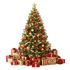 A Christmas tree decorated with golden and red ornaments, surrounded by presents, isolated on a transparent or white background. PNG

