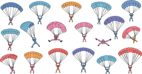 Vector Illustration Set of Diverse Parachutists or Skydivers Falling with Colorful Parachutes, Representing Extreme Sports, Adventure, Freedom, Landing, and Group Skydiving Activity