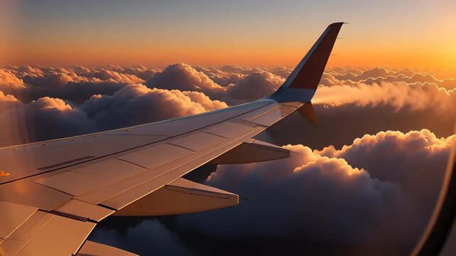 Cinematic airplane wing soaring above a thick cloudscape during a golden orange sunset with lens flare, illustrating global travel and aviation concepts.