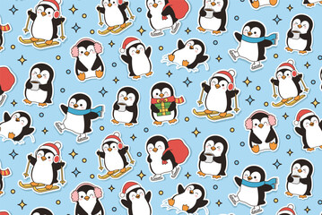 Obraz premium A seamless winter pattern featuring charming penguins. Ideal for wrapping paper, textiles, stationery, branding, packaging, and festive digital backgrounds.