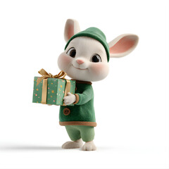 Cute 3D Christmas Bunny Character Dressed as an Elf Holding a Wrapped Gift Box 