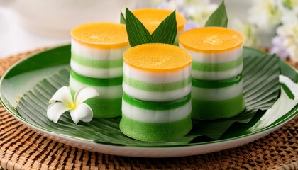 Thai Khanom Chan Layered Dessert In Green And White With Floral Garnish
